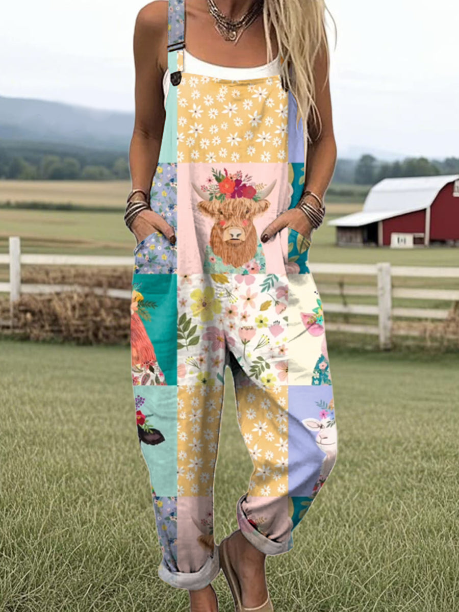 Women's Cute Cow Flower Painting Art Print Casual 100% Cotton Wide Leg Jumpsuit