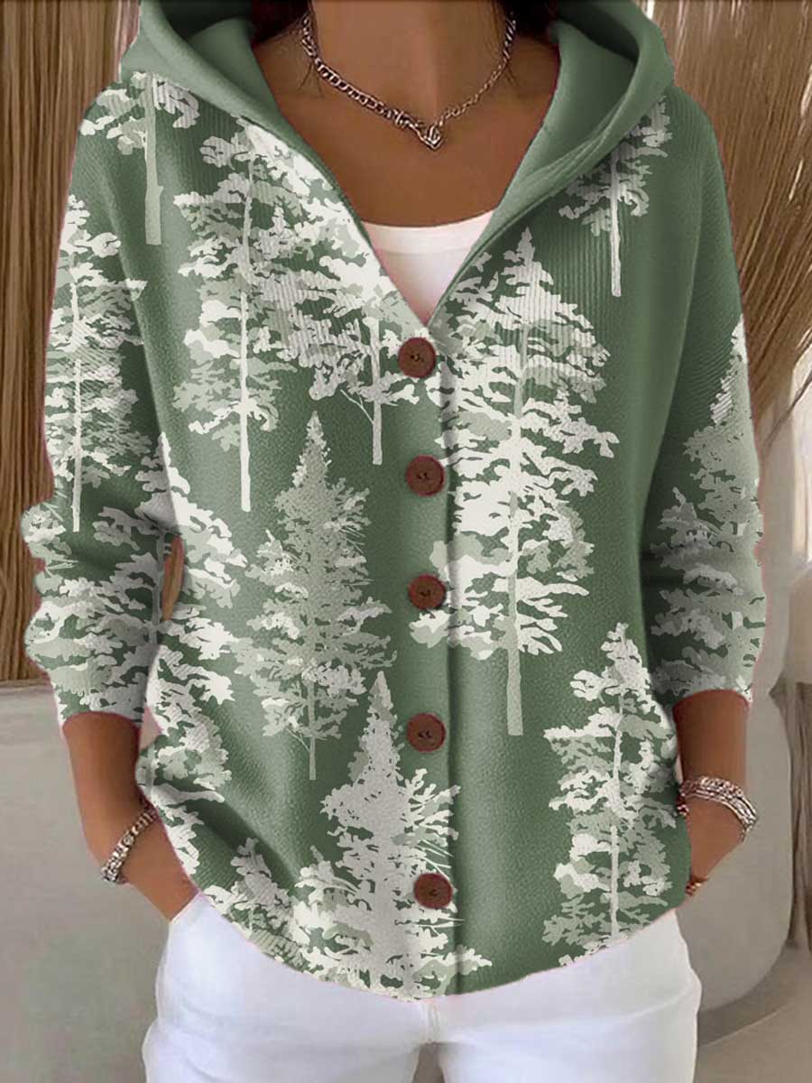 Women's Christmas Tree Art Printed Casual Hooded Button Sweater