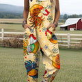 Women's Funny Chicken Art Print Casual 100% Cotton Wide Leg Jumpsuit