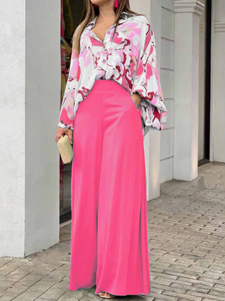 Women's Floral Art Print Loose Casual Shirt Wide-leg Pants Suit