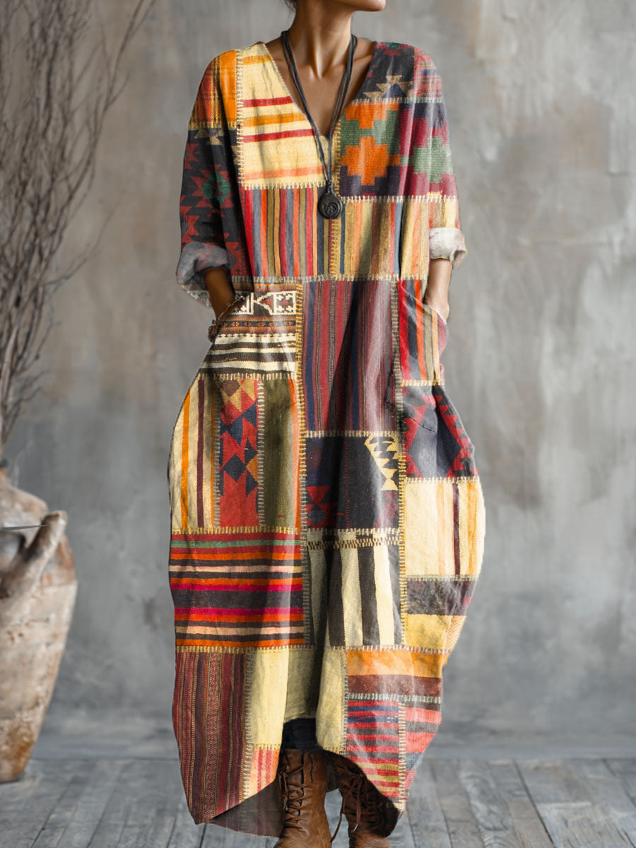 Women's Vintage Patchwork Art Pattern Print Pocket V-neck Cotton Dress