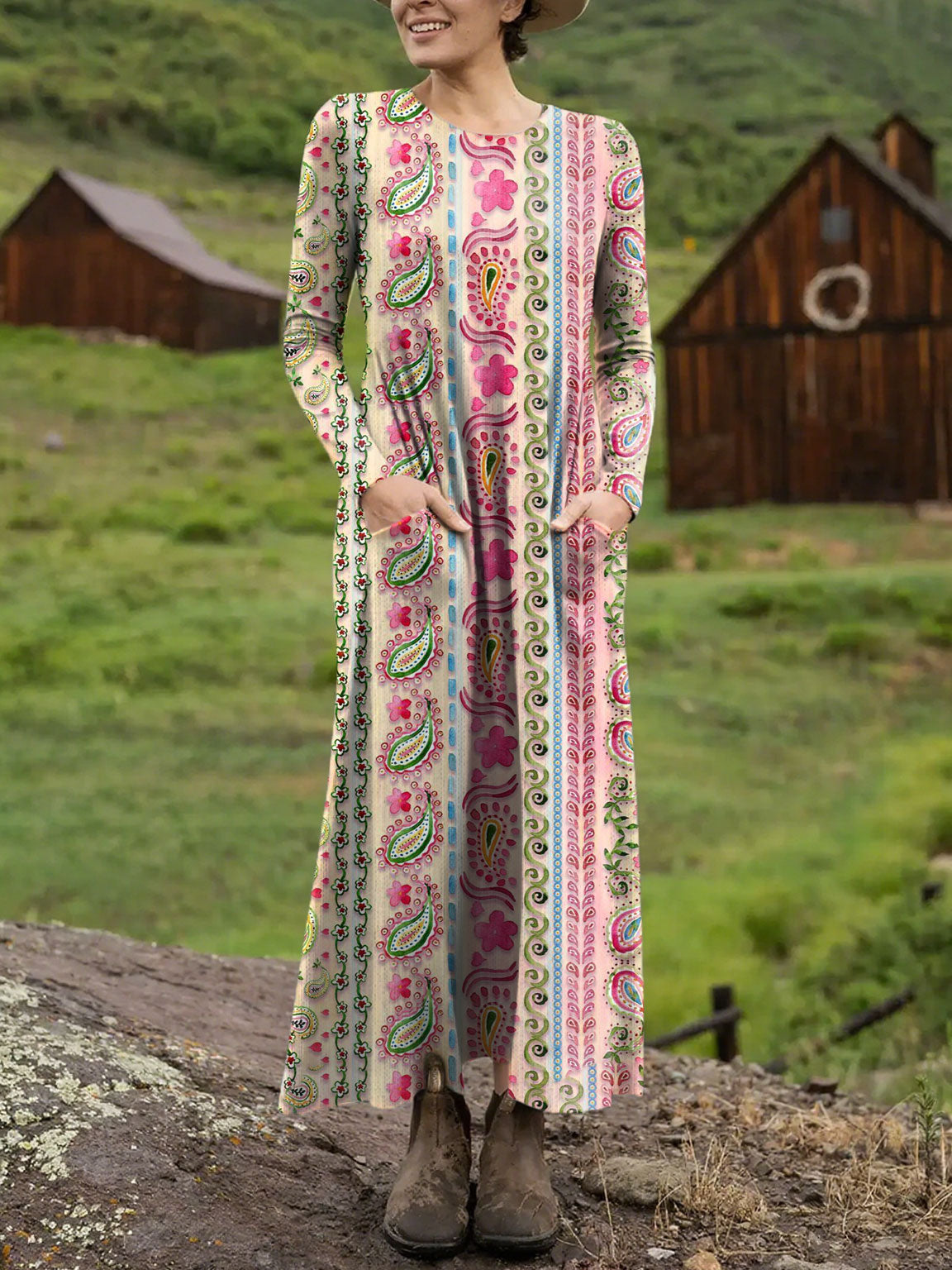 Women's Boho Vintage Flower Art Printed Long-sleeved Casual Dress