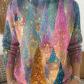 Women's Christmas Tree Pattern Art Print Knit Turtleneck Pullover Sweater