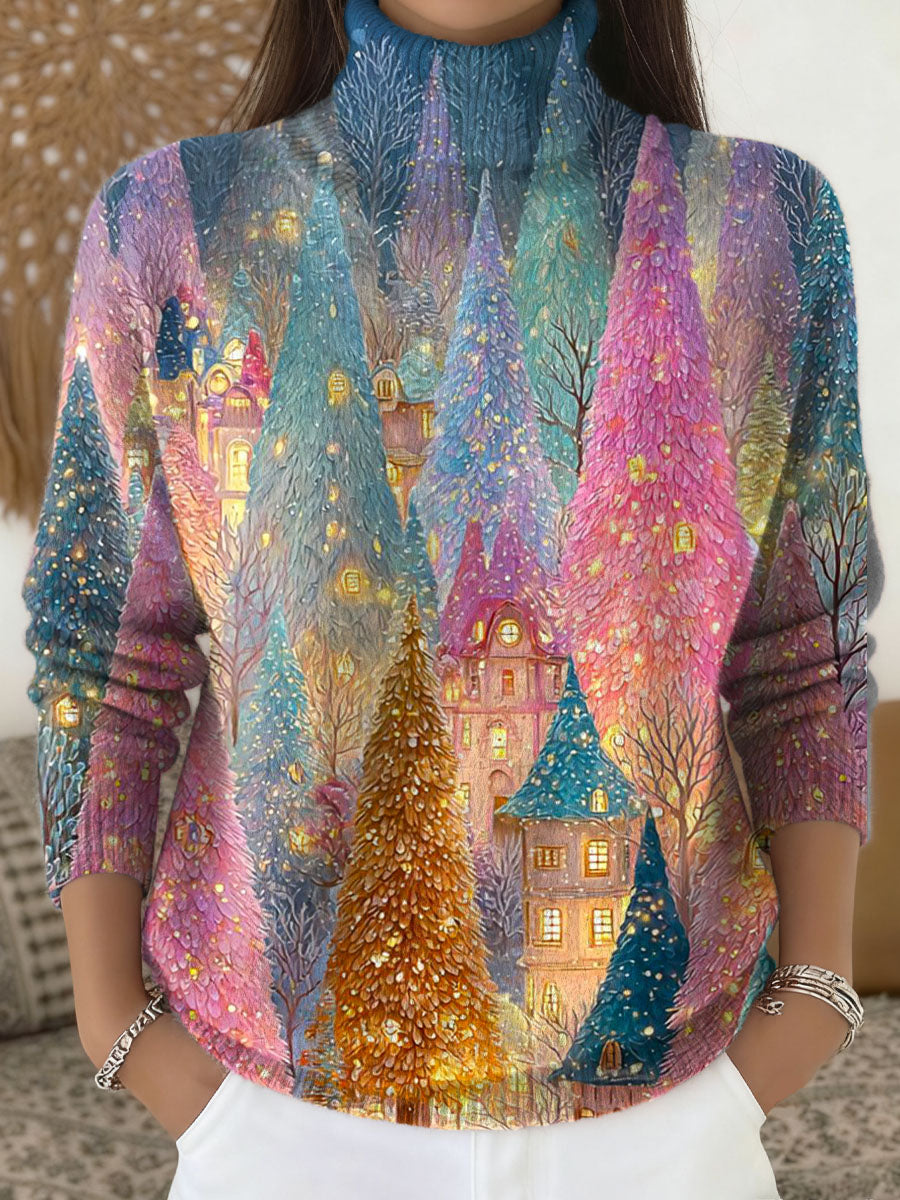 Women's Christmas Tree Pattern Art Print Knit Turtleneck Pullover Sweater