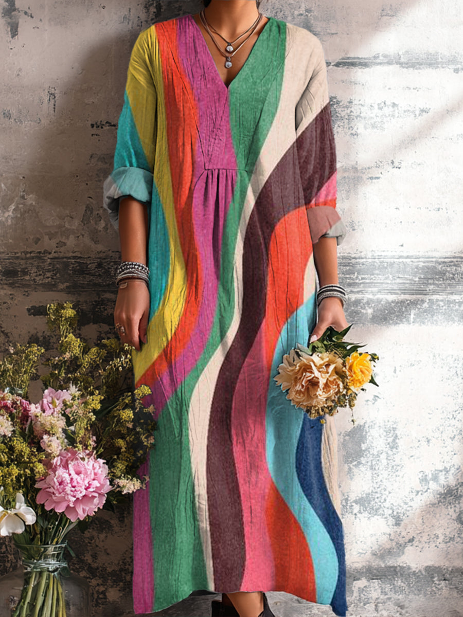 Women's Abstract Geometric Colorful Stripes Painting Art Print Dress