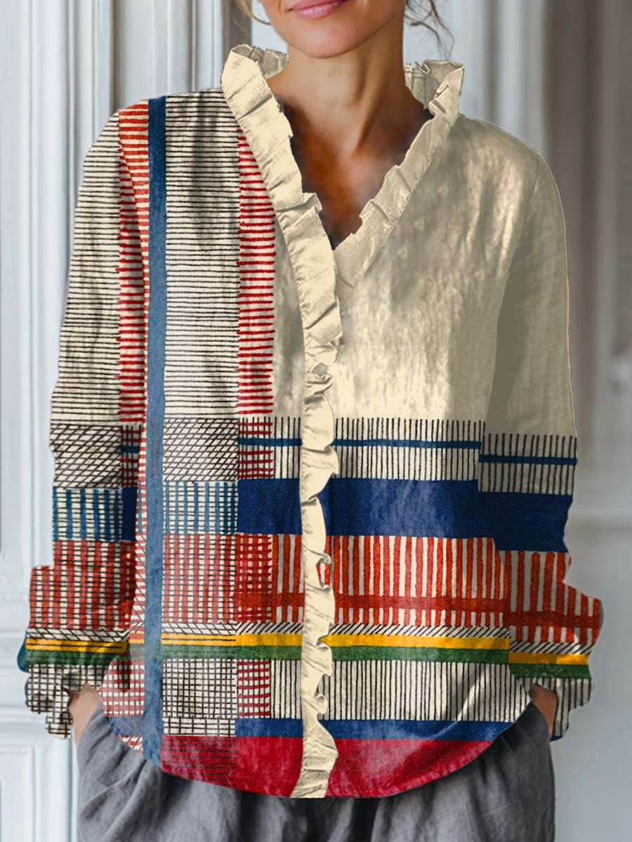 Women's Geometric Pattern Art Print Casual Cotton And Linen Ruffle Shirt