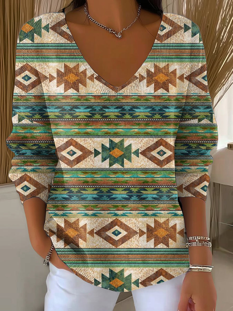 Women's Vintage Diamond Geometric Stripe Painting Art Print Casual Pullover Sweater