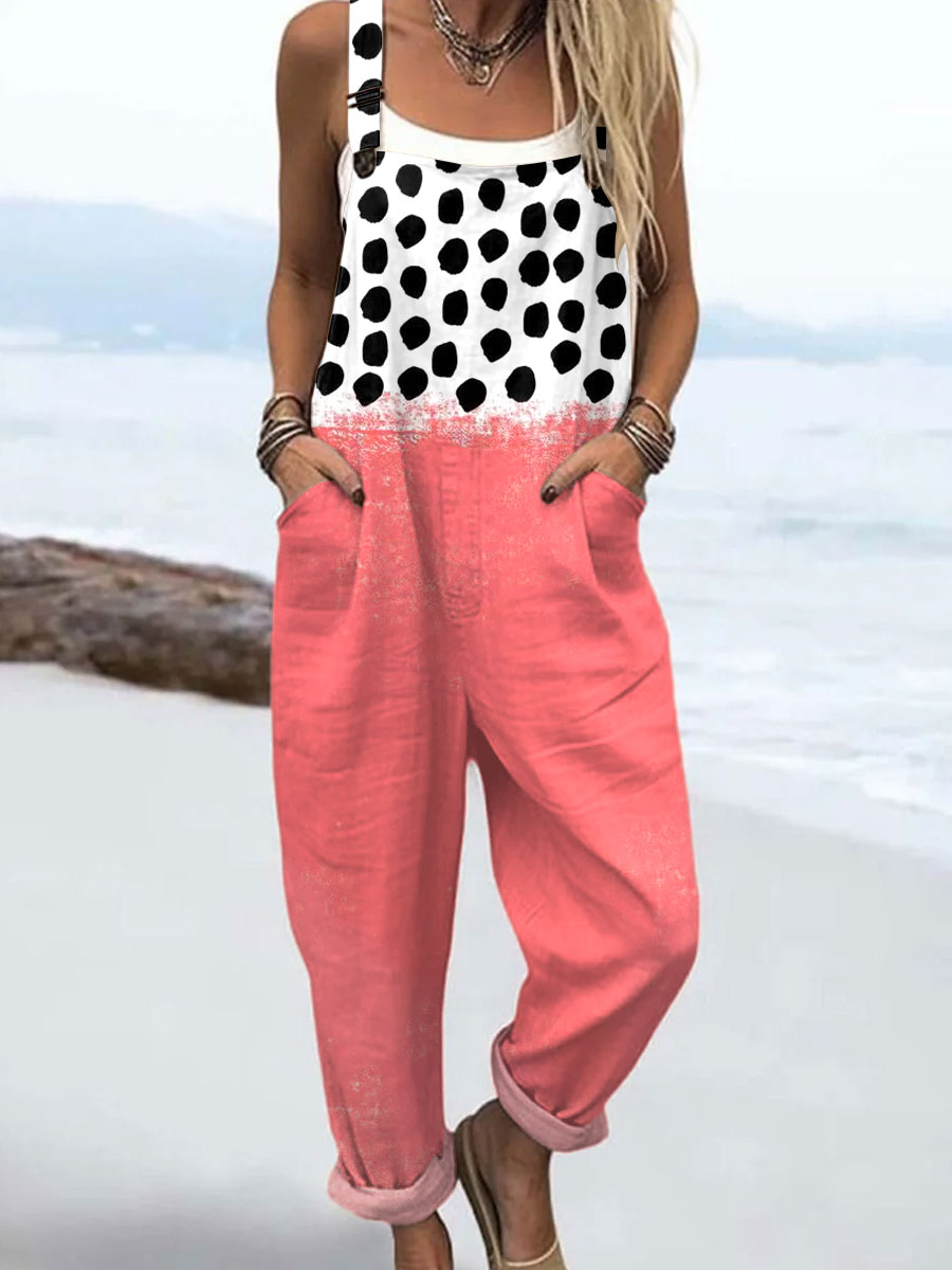 Women's  Vintage Abstract Geometric Art Print Casual 100% Cotton Wide Leg Jumpsuit