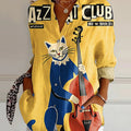Women's  The Black Cat Jazz Club Retro  Music  Art  Print Casual Cotton Shirt