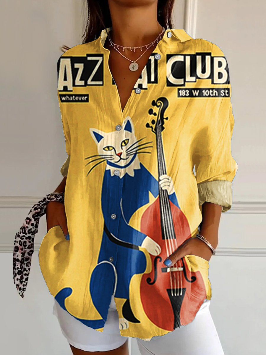 Women's  The Black Cat Jazz Club Retro  Music  Art  Print Casual Cotton Shirt