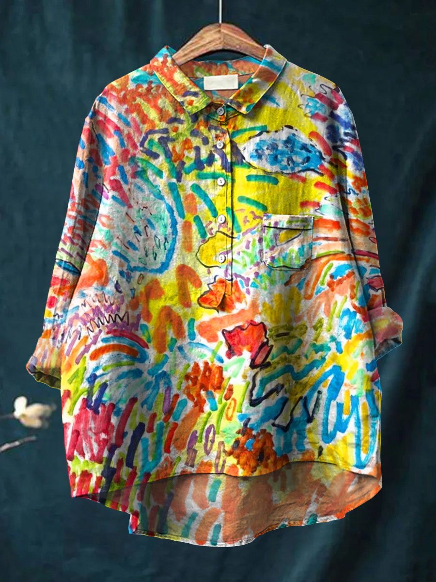 Women's Abstrct Ocean Art Print Casual Cotton And Linen Shirt