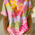 Retro Color-block Patchwork Print Loose-fit Cotton-linen Short-sleeve Shirt