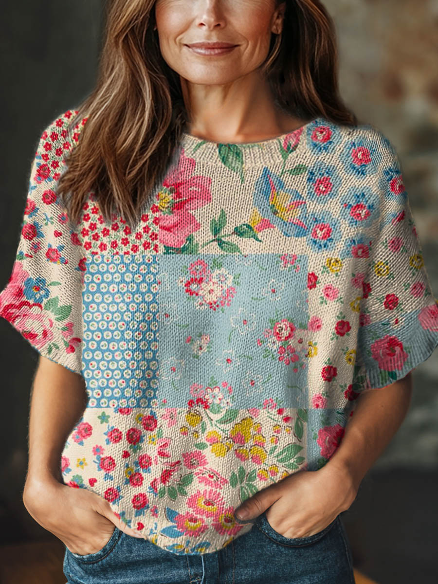 womens-vintage-floral-art-print-casual-crew-neck-short-sleeve-knitted-sweater-m2pw