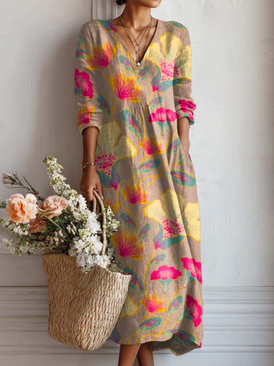 Women's Lovely Floral Art Print Casual Cotton And Linen Pocket Dress