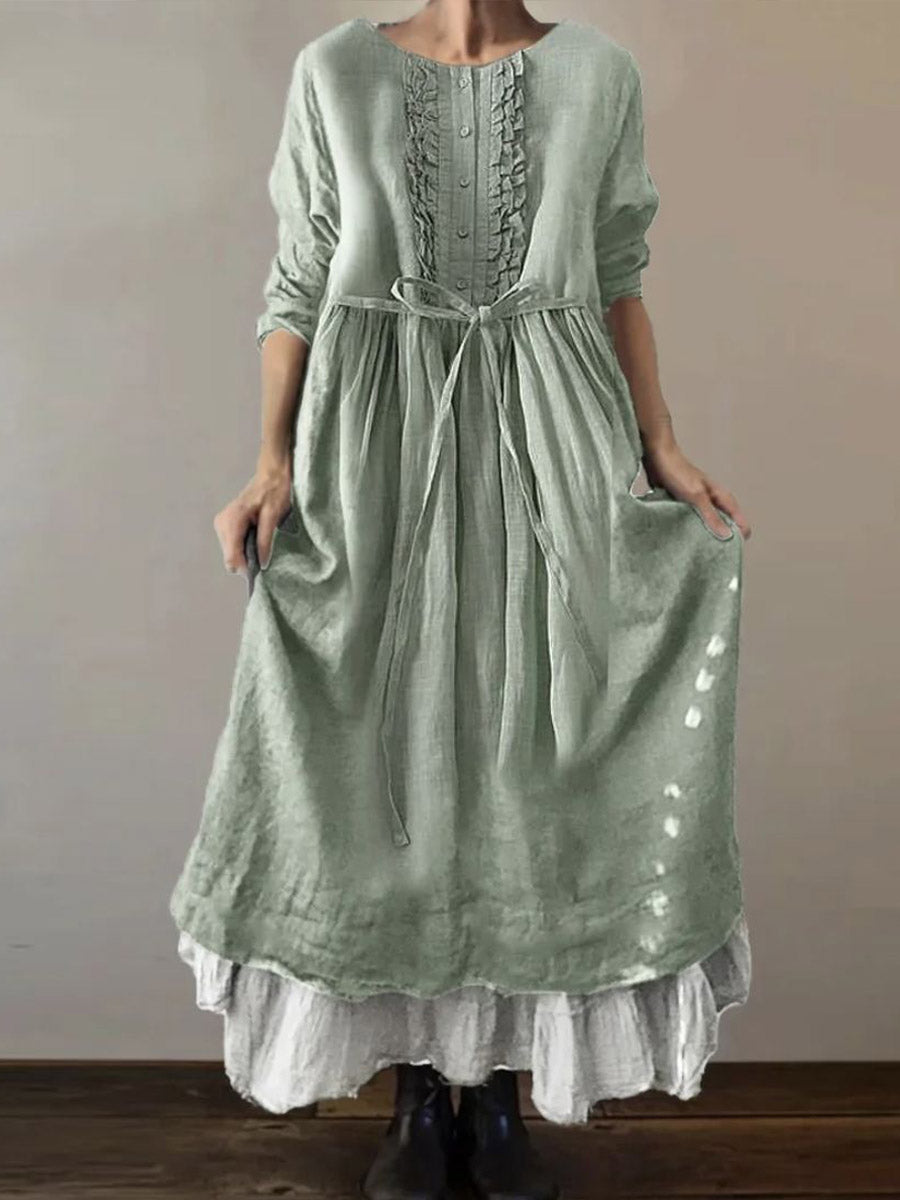 Women's Solid Color Round Neck Long Sleeve Casual Loose Tie-Drawstring Dress