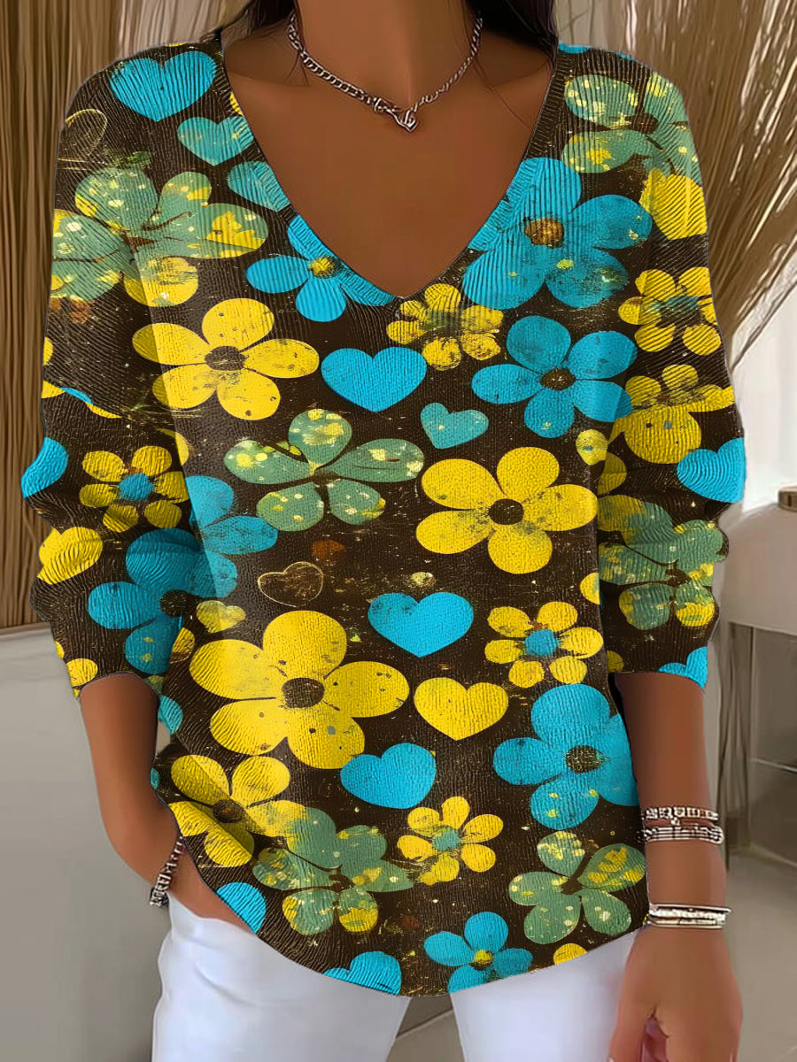 Women's Colorful Ink Flowers Print Casual Pullover Sweater