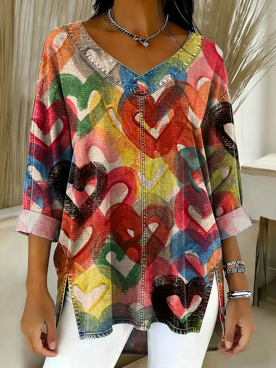 Women's Love Pattern Art Print Casual Denim Shirt