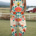 Women's  Vintage Bee Floral Art Print Casual 100% Cotton Wide Leg Jumpsuit