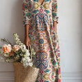 Women's Vintage Flower Art Print Linen Pocket Dress