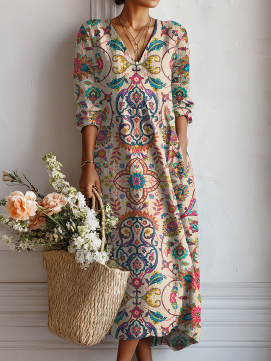 Women's Vintage Flower Art Print Linen Pocket Dress