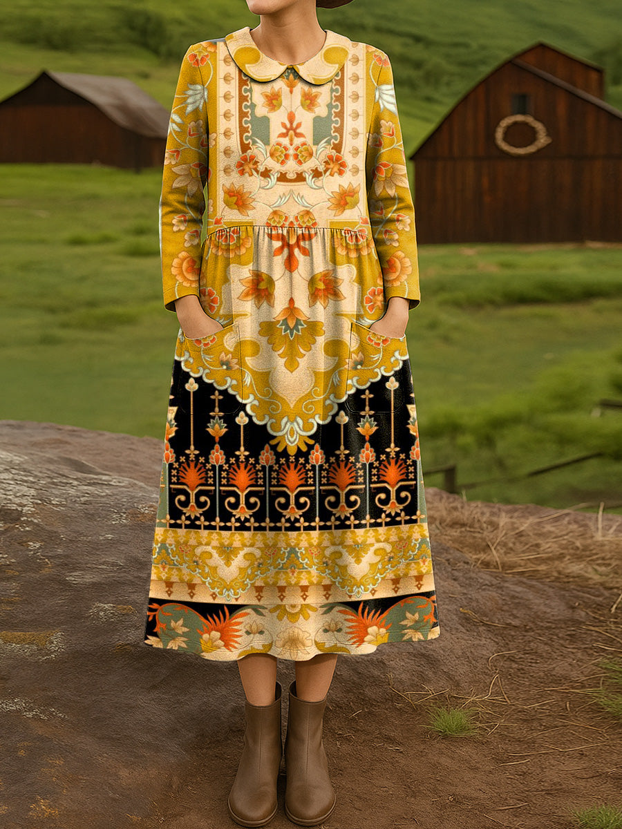 Women's Beautiful Vintage Ethnic Geometric Art Print Cotton Lapel Button-Down Shirt Dress