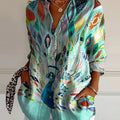 Colorful Peacock Painting Printed Women's Casual Cotton Shirt