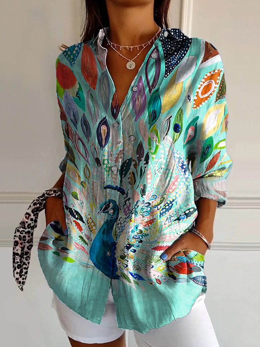 Colorful Peacock Painting Printed Women's Casual Cotton Shirt