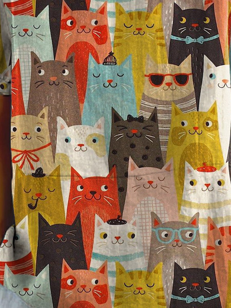 Women's Vintage Lovely Cats Art Print Casual Cotton And Linen Shirt