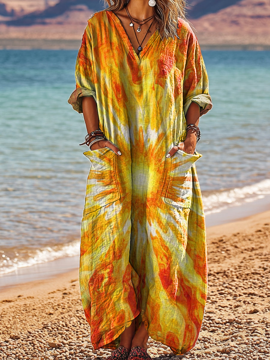 Women's Abstract Sun Painting Art Print Pocket V-neck Cotton Dress