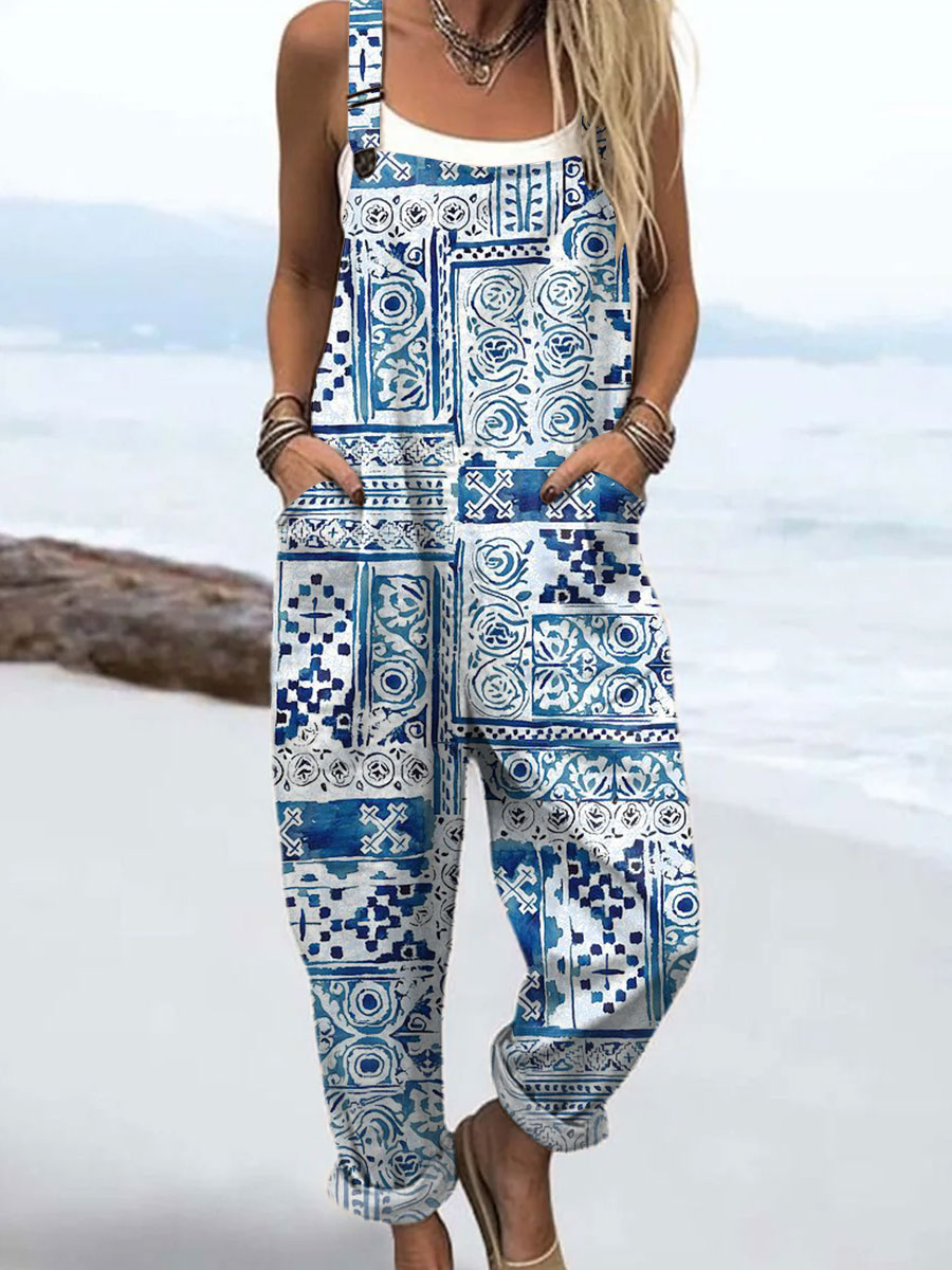 Women's Boho Floral Art  Print Casual 100% Cotton Wide Leg Jumpsuit