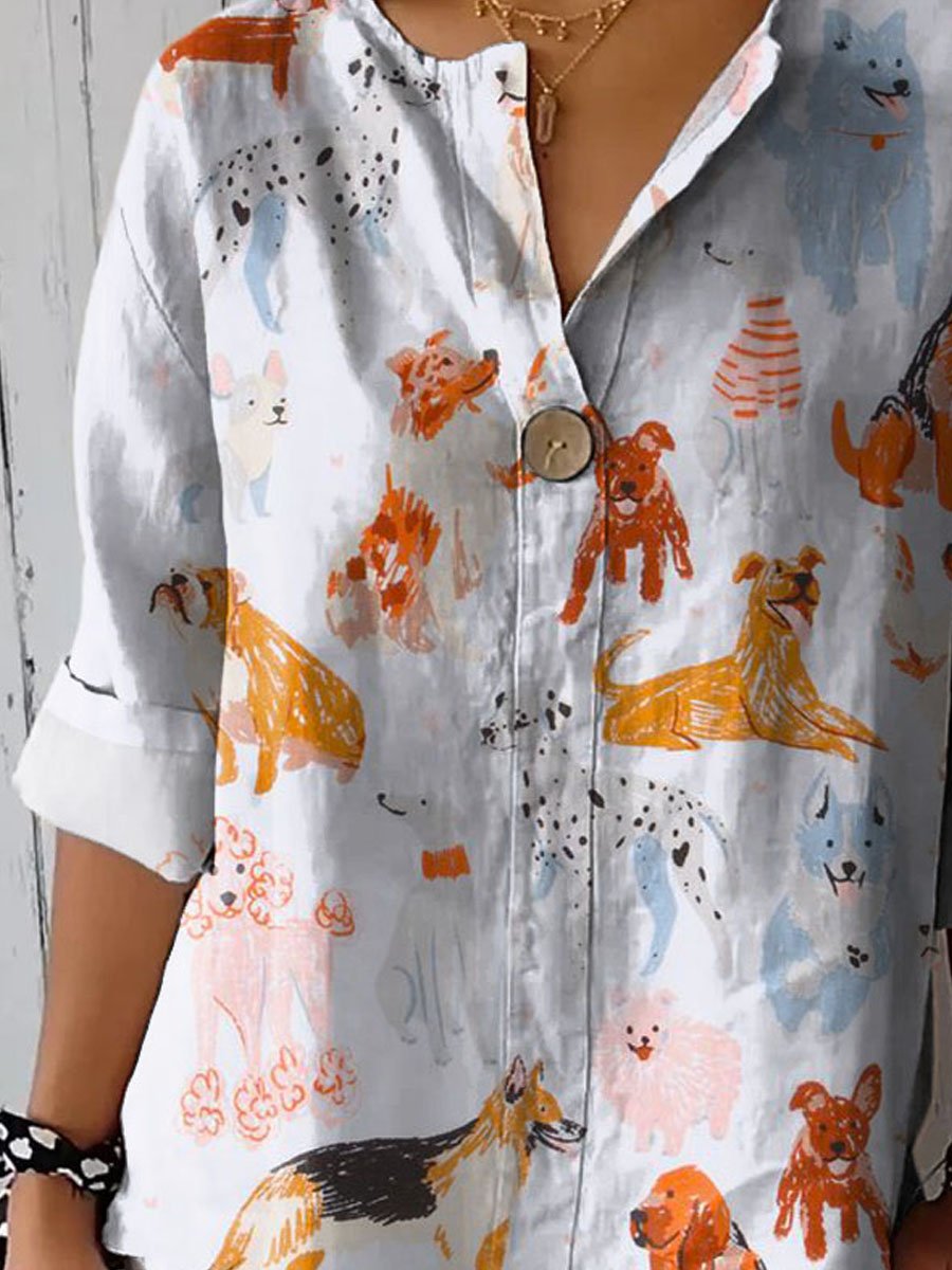 Women's Vintage Lovely Dogs Art Print Casual Cotton Linen Shirt
