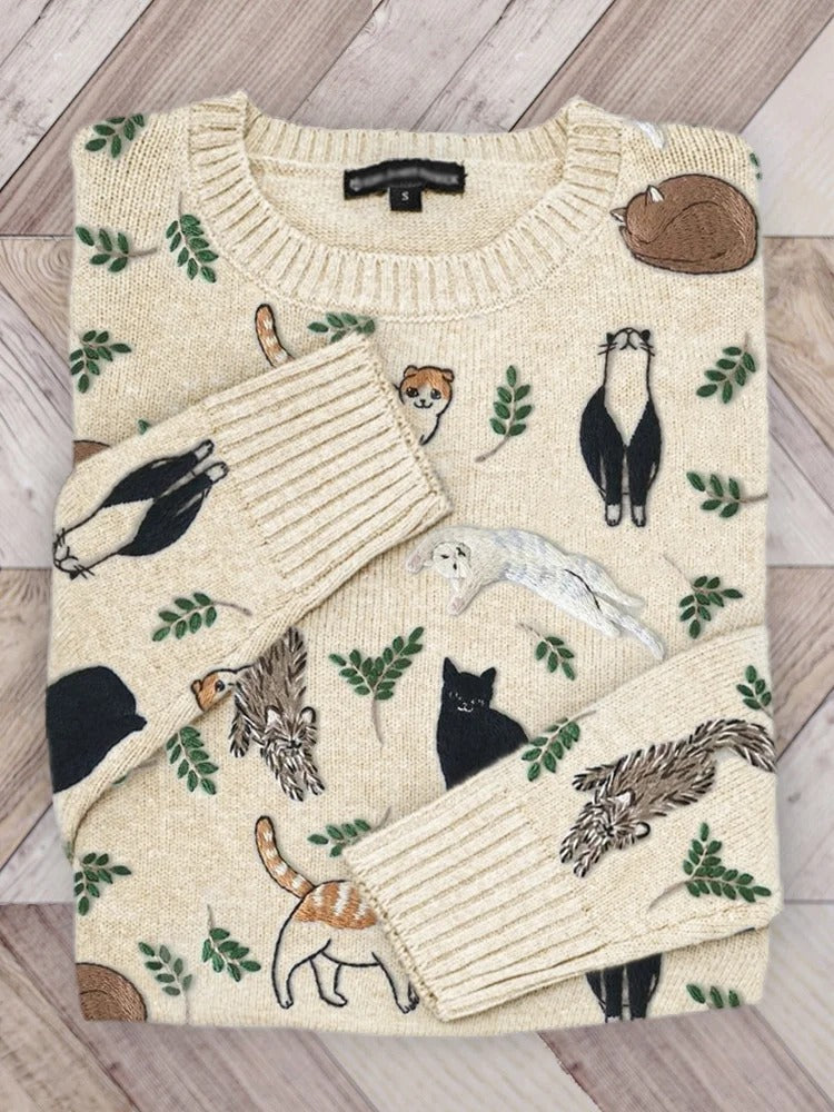 cute-cat-flower-art-print-knit-pullover-sweater-3716