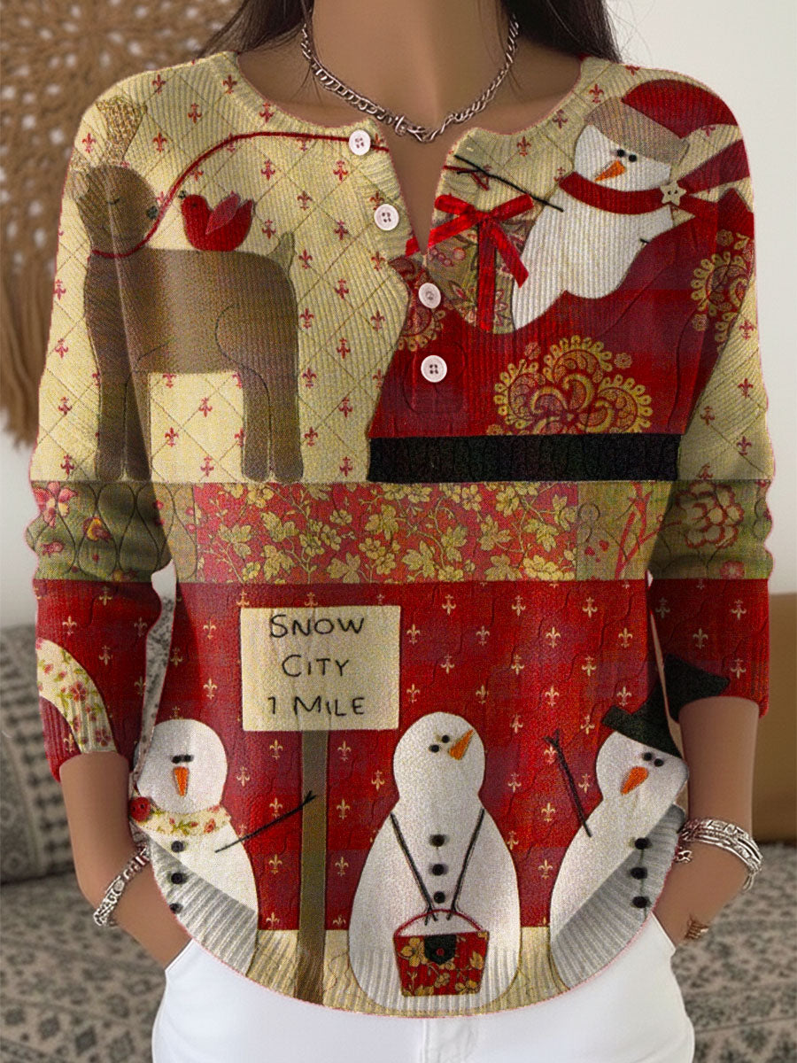 Women's Christmas Snowman Pattern Art Print Buttoned Cardigan Sweater