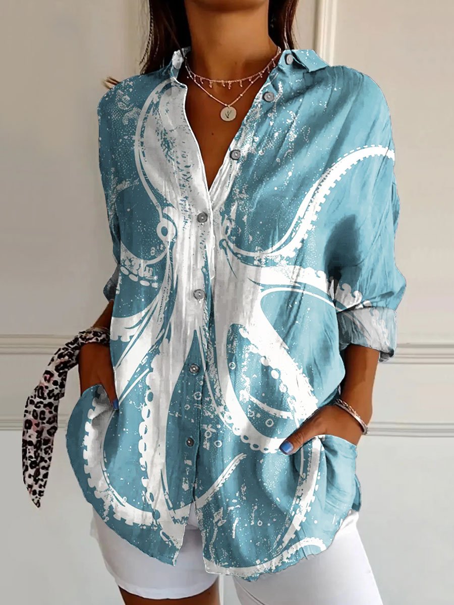 Women's Vintage Octopus Art Print Casual Cotton Shirt