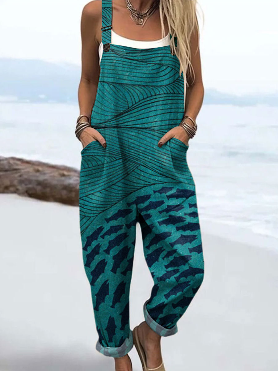 Women's Ocean and Fish Art Print Casual 100% Cotton Wide Leg Jumpsuit