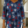 Women's Valentine's Day Heart-shaped Art Print Casual Washed Denim Cotton Top