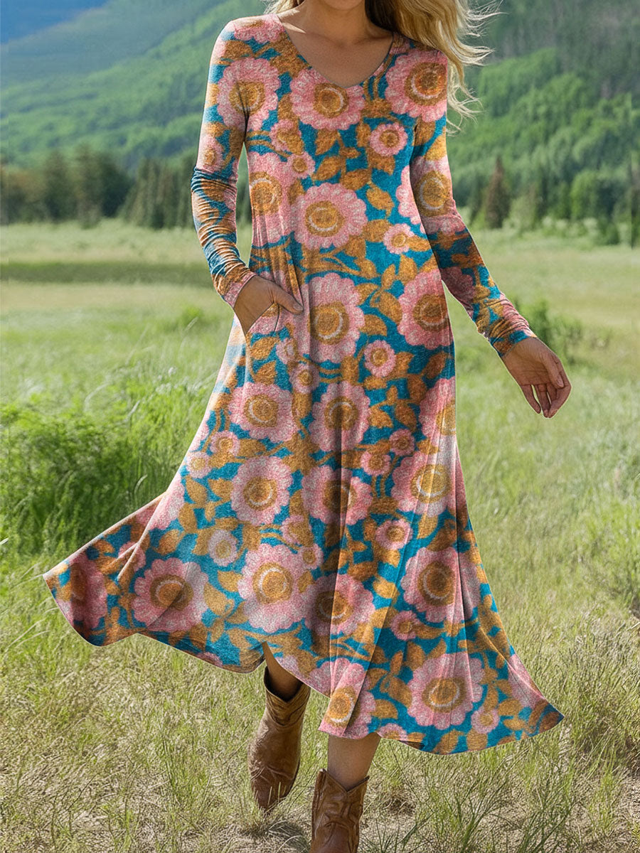 Women's Boho Floral Print Art Print Long-sleeved Dress