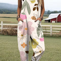 Women's Art Flower Bee Print Casual 100% Cotton Wide Leg Jumpsuit