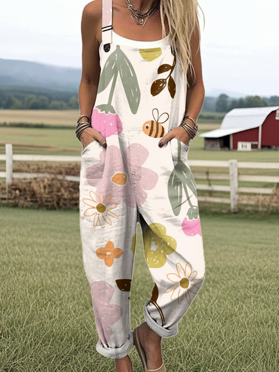 Women's Art Flower Bee Print Casual 100% Cotton Wide Leg Jumpsuit