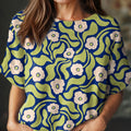 womens vintage floral art print casual crew neck short sleeve knitted sweater