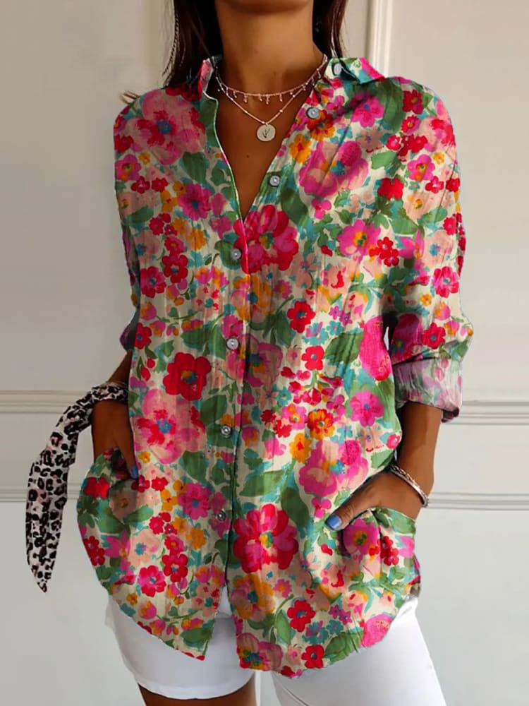Women's Small Red Flowers Print Casual Cotton Shirt