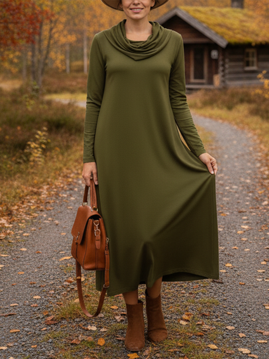 Women's Elegant Pile Neck Pocket Solid Color Knitted Dress