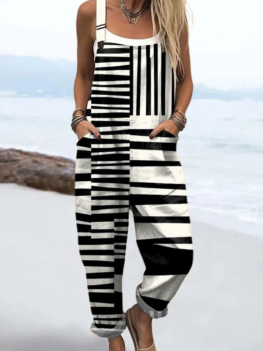 Women's Abstract Geometric Pattern Art Print Casual 100% Cotton Wide Leg Jumpsuit