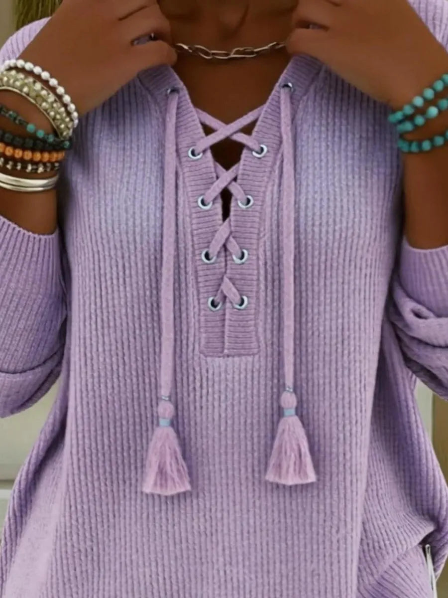 Boho Style Casual V-neck Drawstring Tassel Pullover