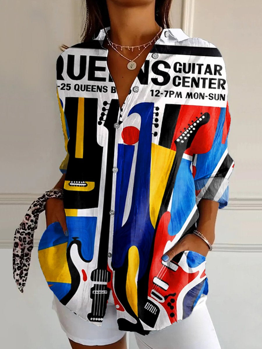 Women's  Retro  Music  Art  Print Casual Cotton Shirt