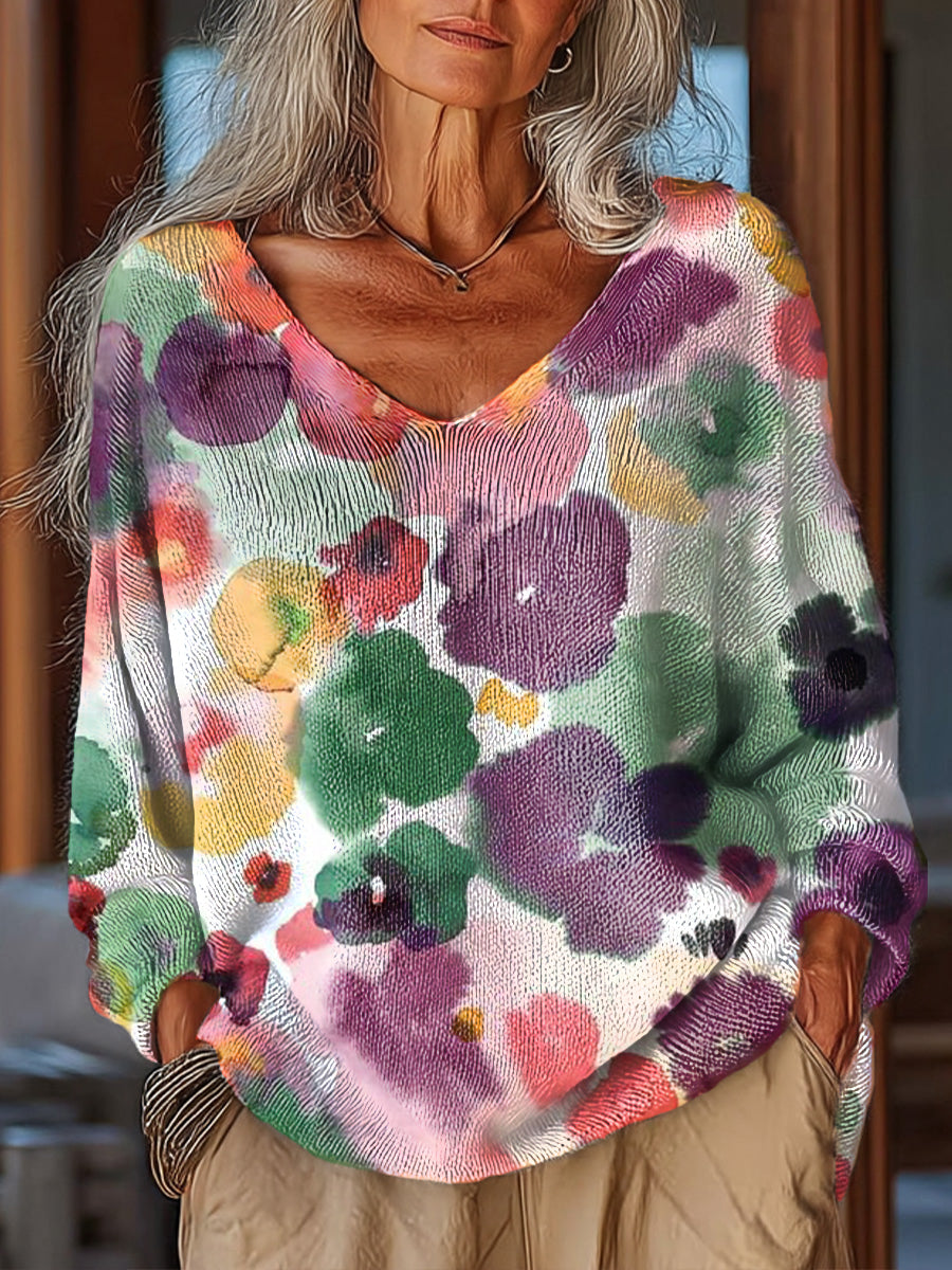 Women's Vintage Beautiful Multicolor Watercolor Floral Painting Art Print Casual Pullover Sweater