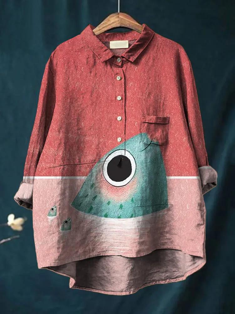 Funny Cartoon Sardine Fish Family Printed Women's Casual Cotton And Linen Shirt