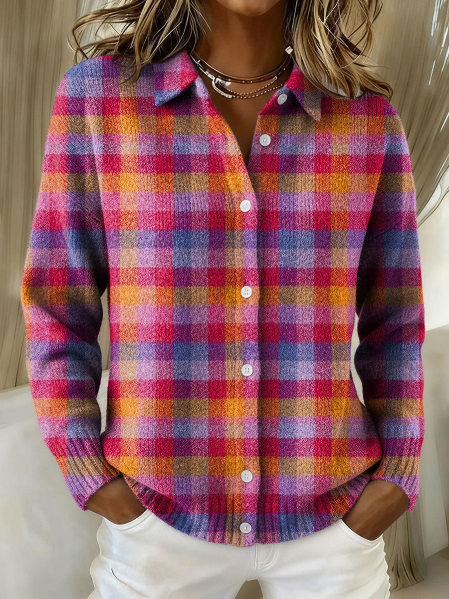 Women's Plaid Gradient Pattern Print Cowl Neck Sweater