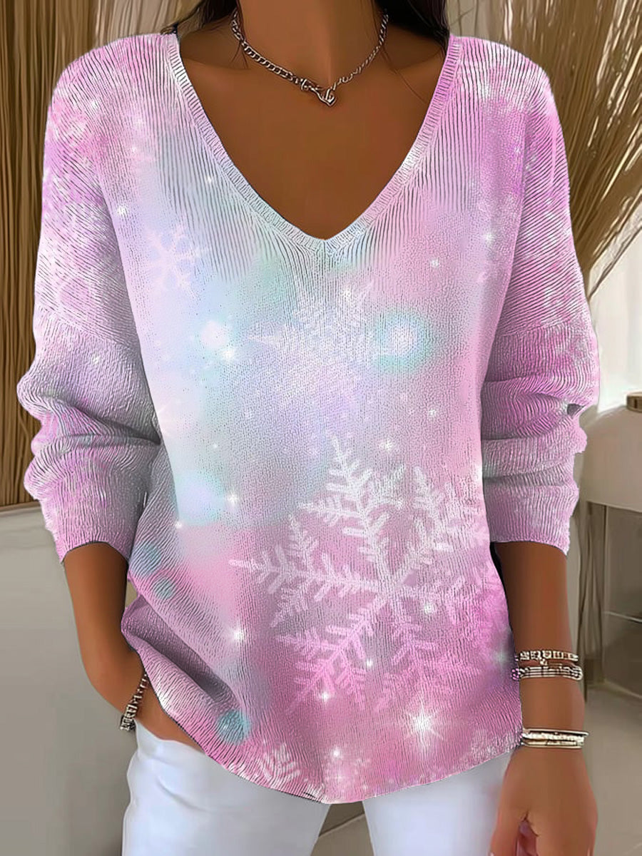 Women's Beautiful Pink Snowflake Painting Art Print Casual Pullover Sweater