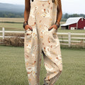Women's Vintage Love and Peace Art Print Casual 100% Cotton Wide Leg Jumpsuit